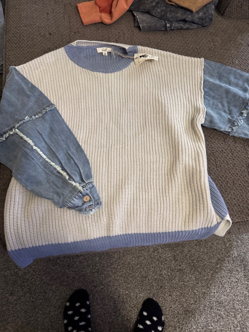 Sea Cream Sweater with Light Blue Ribbed Collar